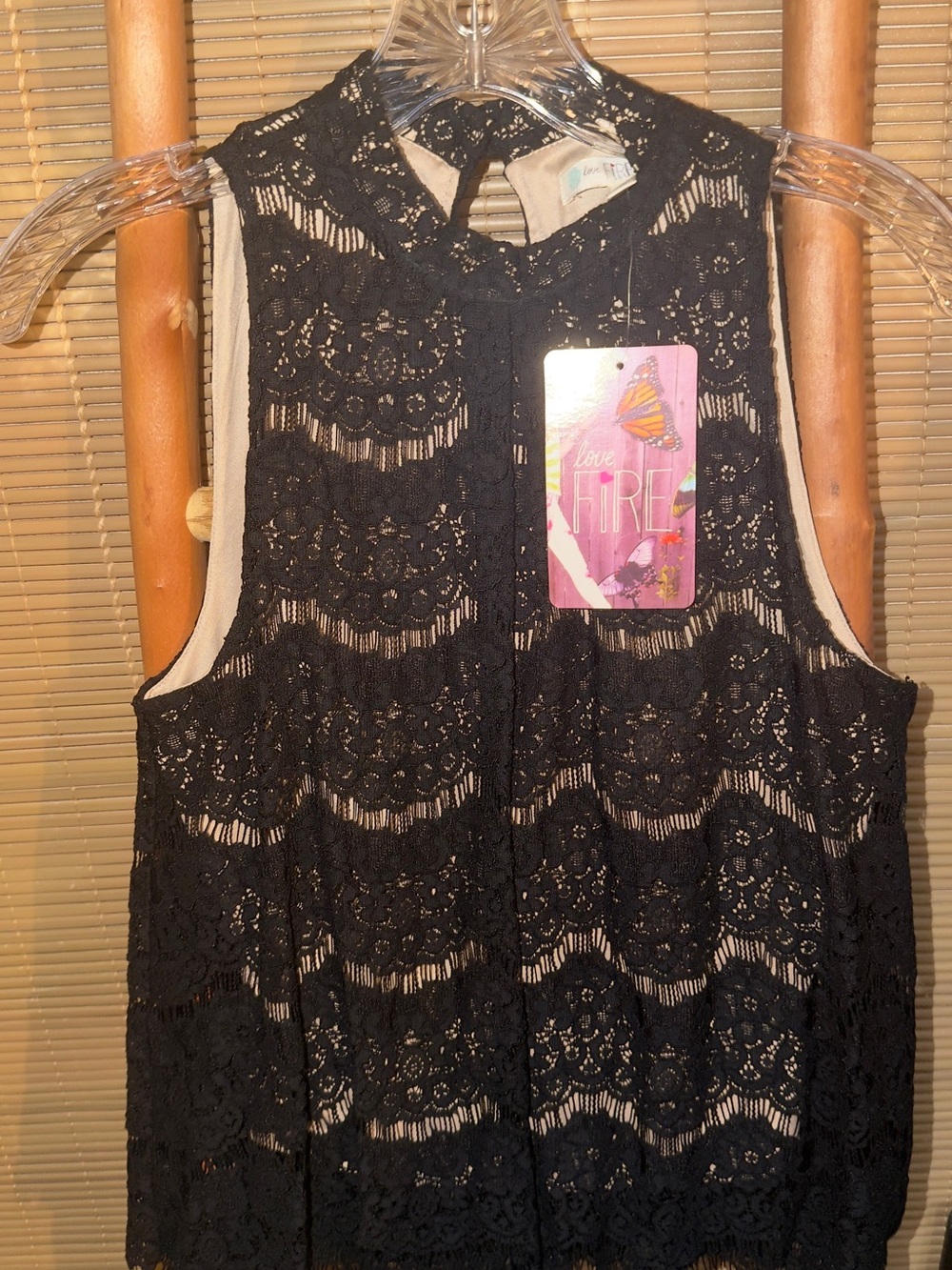 love, Fire Black Lace Sleeveless Camisole with Cream Lining